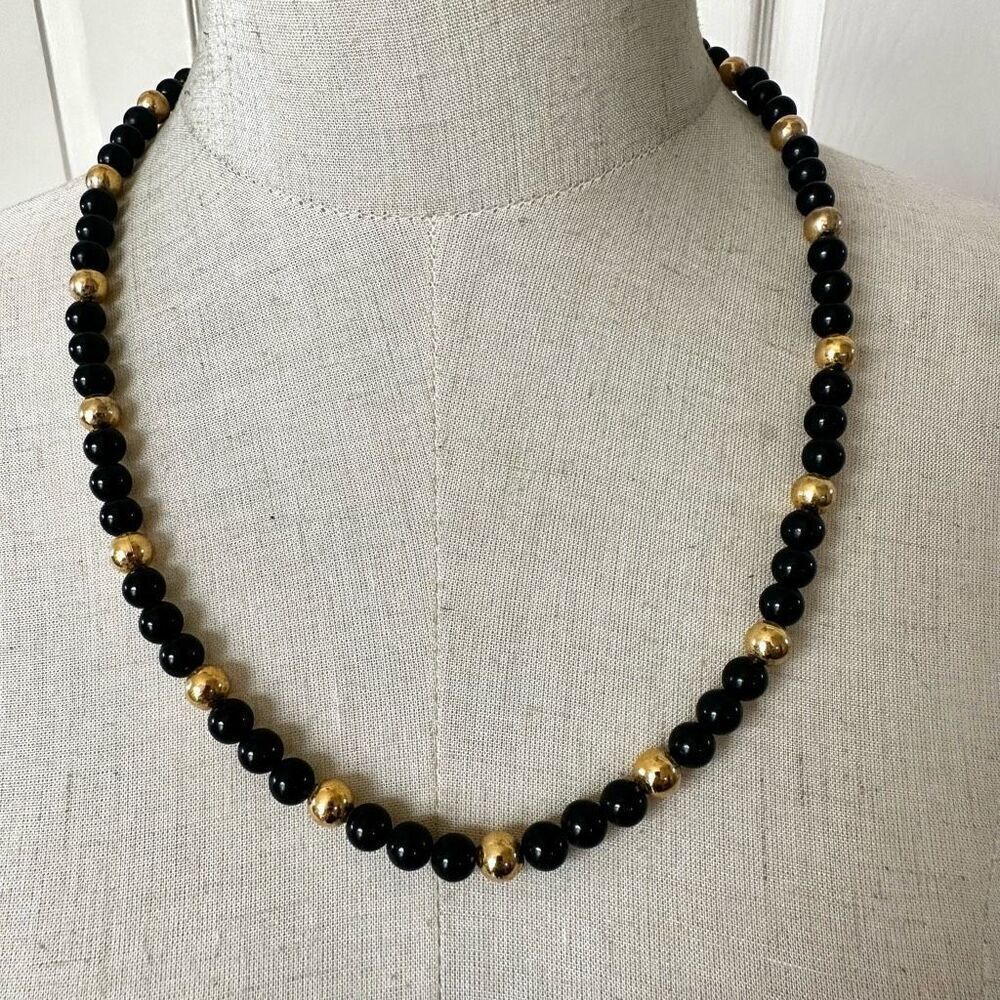 Napier black and gold tone vintage beaded necklace